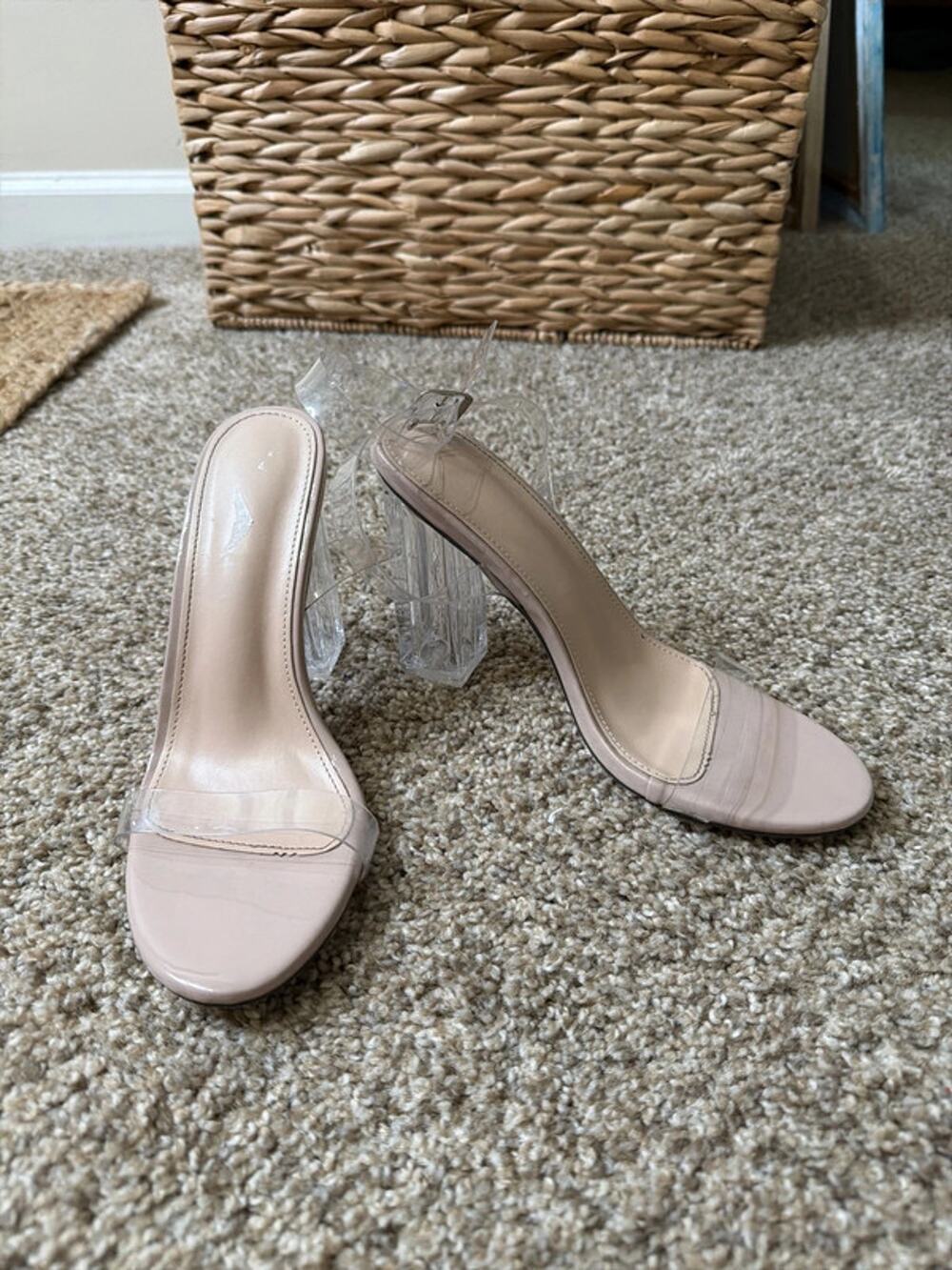 Nude and clear ankle strap, sandals, black heel, EUC 37 427